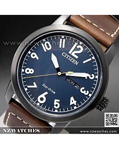 Citizen Eco-Drive Brown Leather Blue Dial Day Date 100M Watch BM8478-01L