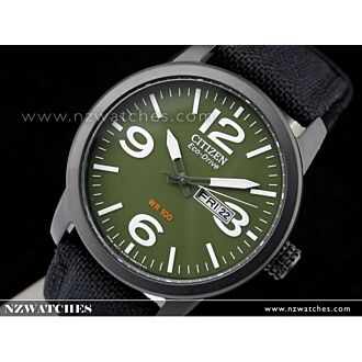 Citizen Eco-Drive Military Green Black Nylon Strap Mens Watch BM8475-00X