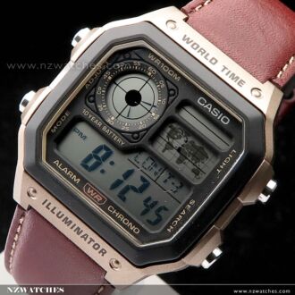 Casio 10Yrs Battery World Time Brown Leather Band Digital Watch AE-1200WHL-5A 