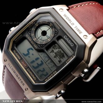 Casio 10Yrs Battery World Time Brown Leather Band Digital Watch AE-1200WHL-5A 