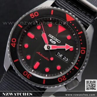 Seiko 5 Sports Black Red Nylon Strap 100M Automatic Watch SRPD83K1, SRPD83