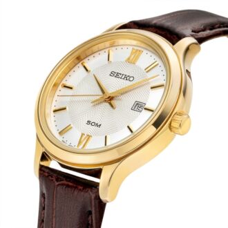 Seiko Neo Classic Gold-Tone Leather Strap Ladies Quartz Watch SUR644P1