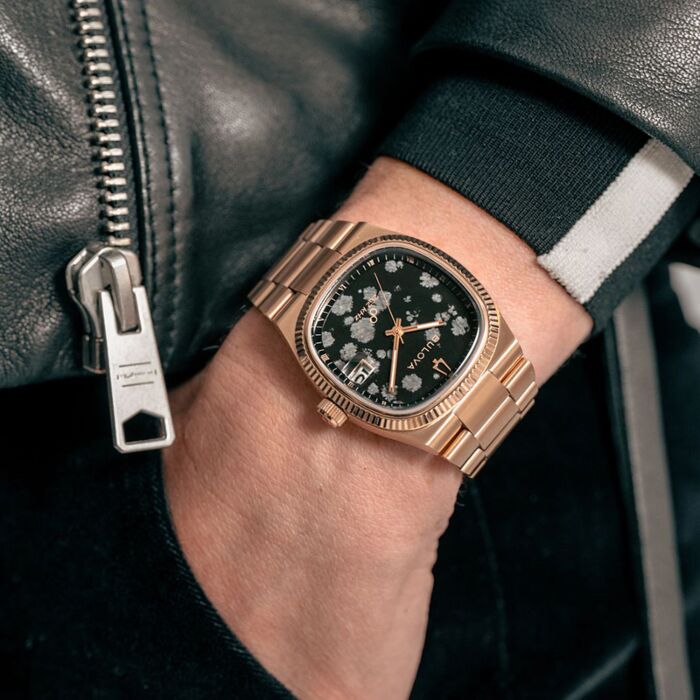 49【稼働品】BULOVA デイデイト メンズ腕時計 ラインストーン Y2K Bulova x Complecto Super Seville Snowflake Obsidian Stone Dial