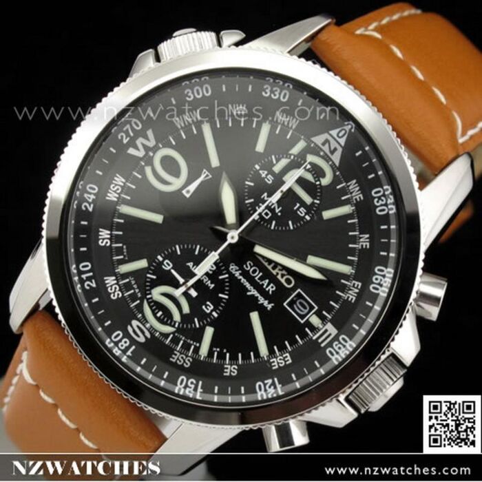 BUY Seiko Solar Chronograph Leather Strap Military Watch SSC081P1